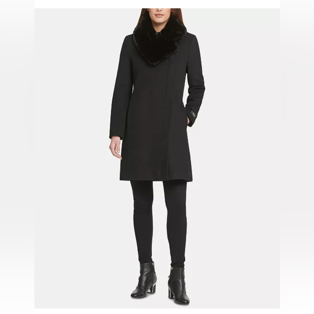 DKYN Asymmetrical Faux-Fur-Collar Coat